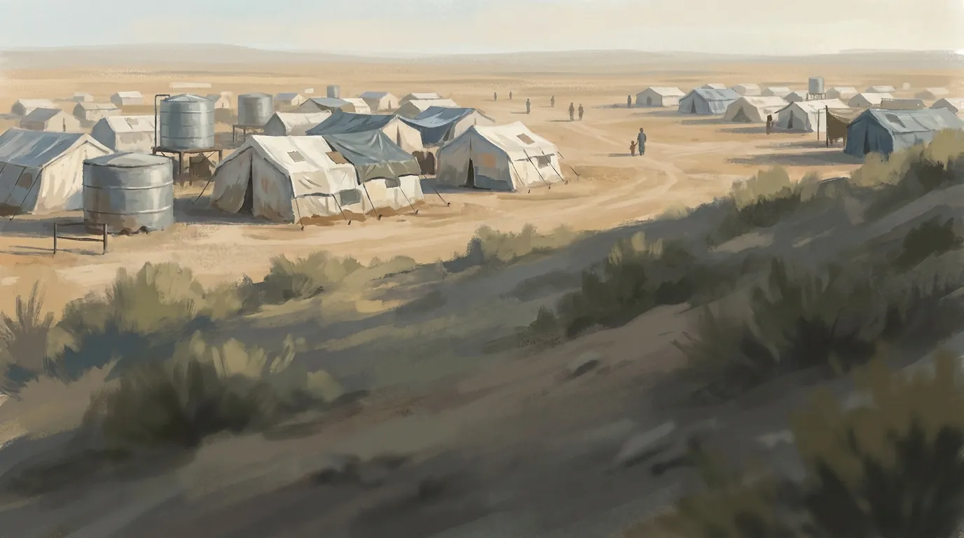 Painted view over tents and water tanks of a displacement camp