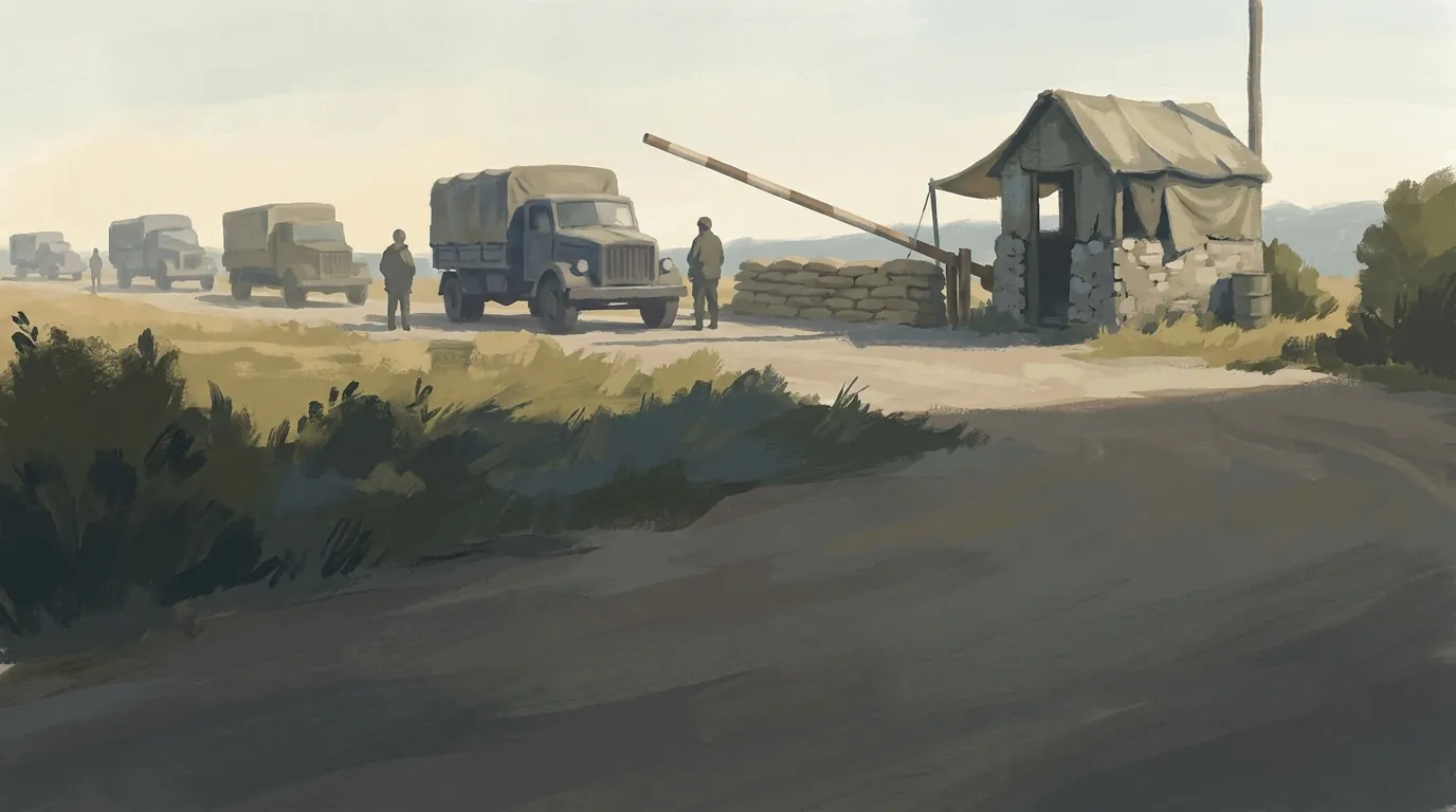 Painted landscape with a white vehicle stopped at a remote checkpoint