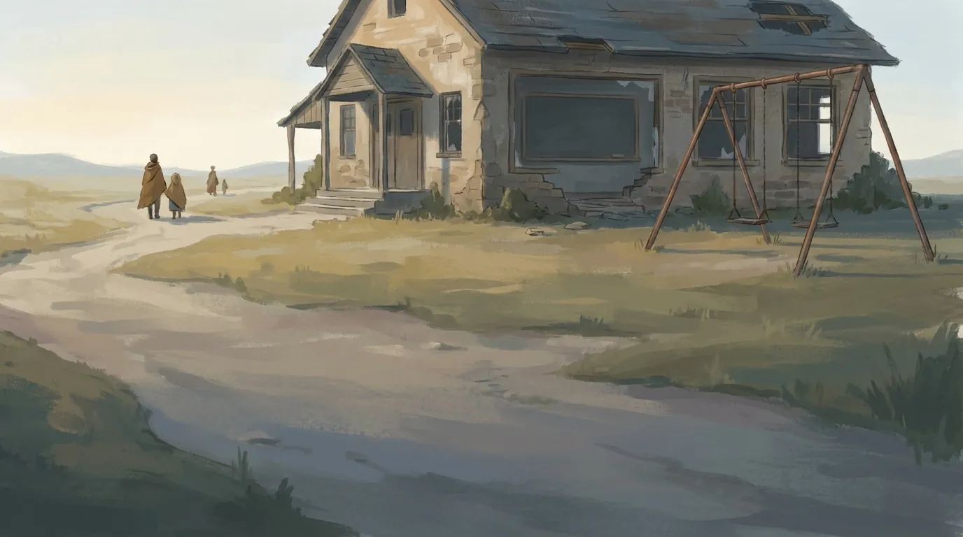 Painted view of an empty rural school building with a swing set