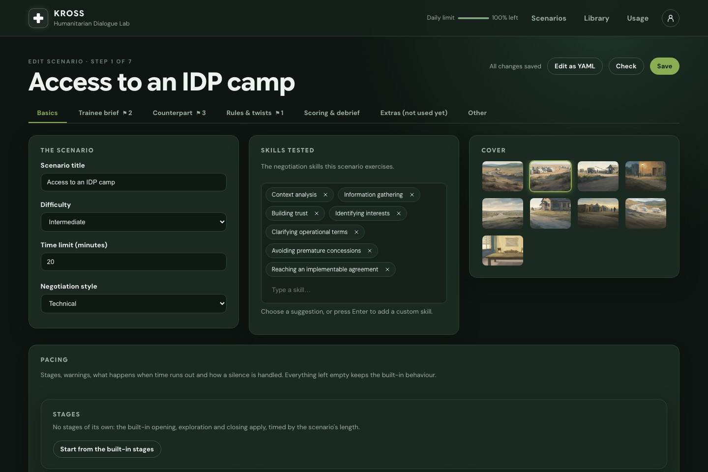 KROSS scenario editor for Access to an IDP camp